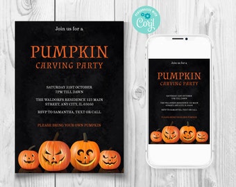 May include: Black Halloween party invitation with orange text that reads "Pumpkin Carving Party." The invitation includes event details and a row of carved pumpkins at the bottom. A smartphone displays the same invitation.