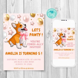 Editable corgi birthday invitation, Puppy birthday invite, Customizable dog invitation, Invitation for corgi lover, Cute pet party invite