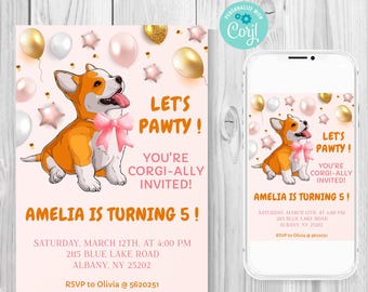 Corgis-Geburtstagseinladung, Welpe Geburtstag einladen, anpassbare Hundeeinladung, Einladung für Corgis-Liebhaber, süße Haustier-Party einladen