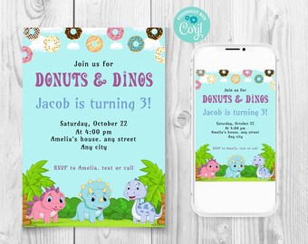 May include: A blue and pink birthday invitation with donuts and dinosaurs. The invitation says "Join us for Donuts & Dinos Jacob is turning 3!" and includes the date, time, and location of the party. RSVP information is also included.