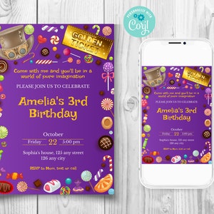 Convite de aniversário da Fábrica de Chocolate, Convite de aniversário do Bilhete Dourado, Convite de aniversário de doces, Download instantâneo, Convite de Bilhete Especial