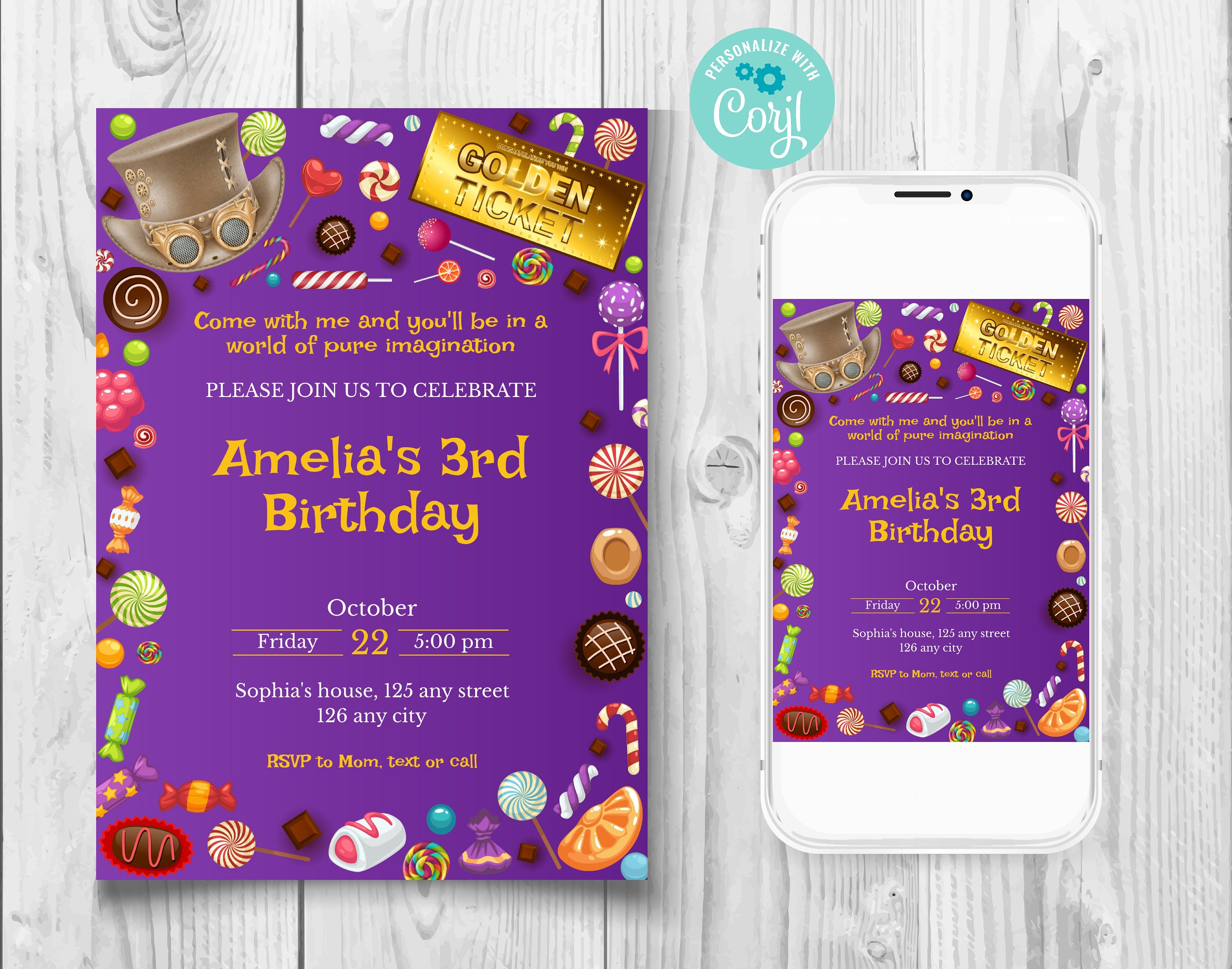 Chocolate Factory Birthday Invitation, Golden Ticket Birthday Invitation, Candy Birthday Invite, Instant Download, Special Ticket Invitation