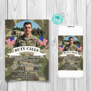 Invitation modifiable pour les appels de service, invitation d'adieu militaire avec photo, invitation de départ pour un camp d'entraînement, invitation d'adieu de soldat, invitation de l'armée