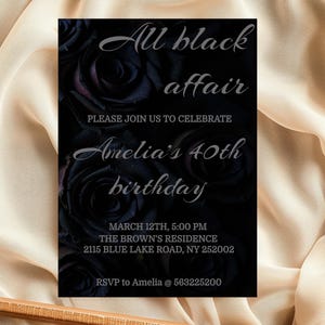 Editable all black affair birthday invitation, Black theme party invite, Black tie birthday invitation, All black formal party invitation