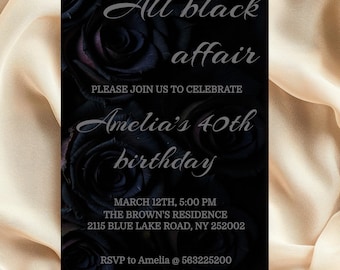 Editable all black affair birthday invitation, Black theme party invite, Black tie birthday invitation, All black formal party invitation