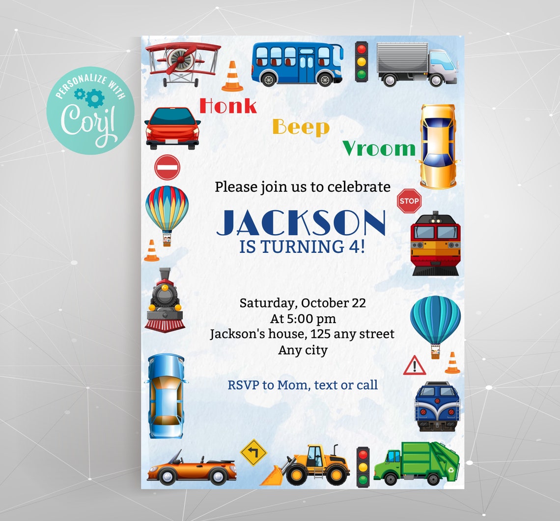 Editable Printable Transportation Birthday Party Invitation, Electronic ...