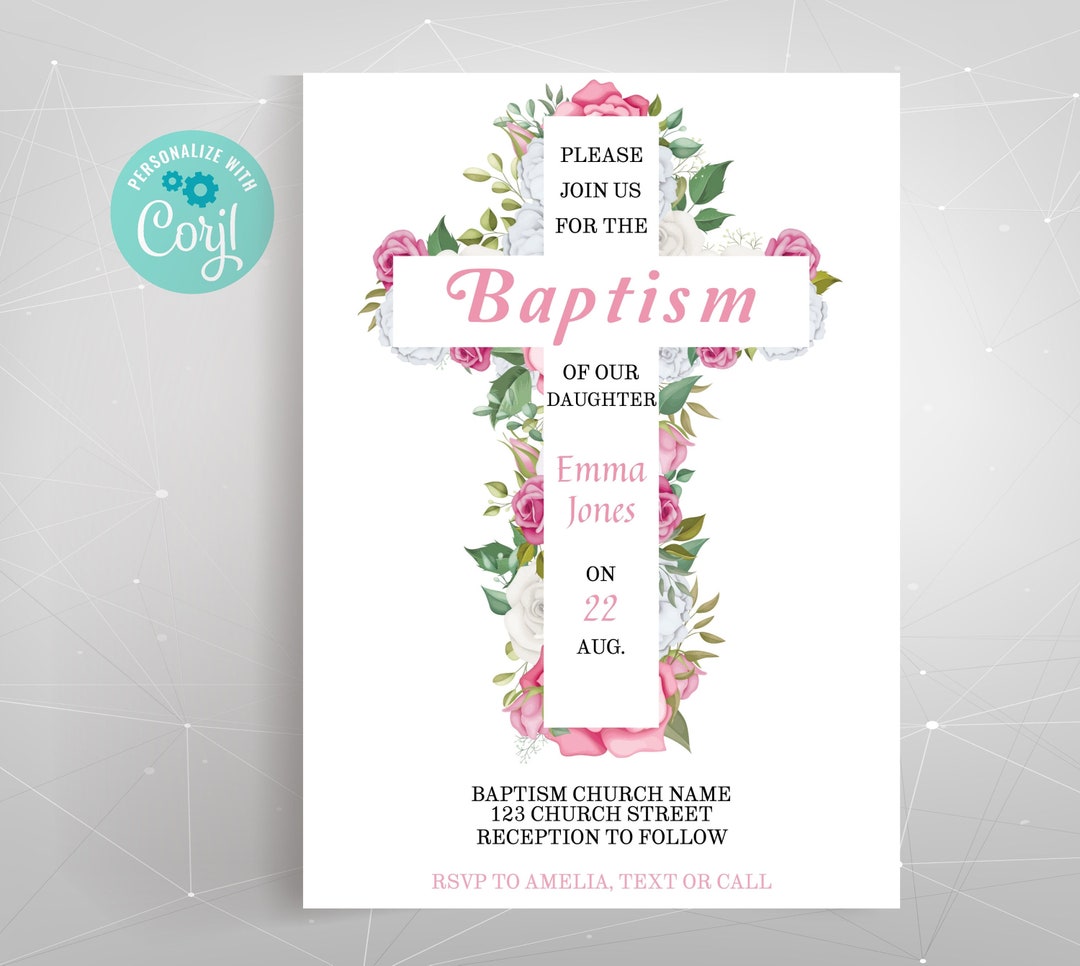 Editable Printable Baptism Girl Pink Invitation, Electronic Christening Cross Invite Template