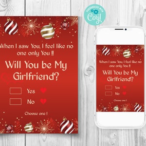Bewerkbare kaartsjabloon kerst vriendin voorstel, kaart Will You Be My Girlfriend, kaart romantisch stel, kaartsjabloon kerstliefde