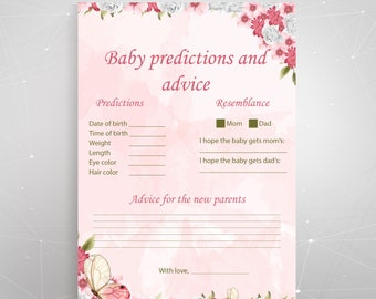 Prédictions de bébé papillon et conseils jeu de douche de bébé, fleurs roses fille bébé douche prédictions et jeu de conseils, téléchargement immédiat