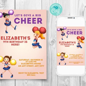 Cheerleaders verjaardagsuitnodiging, Cheer Party uitnodiging sjabloon, laten we geven een grote Cheer uitnodiging, Peachy Cheerleader uitnodiging