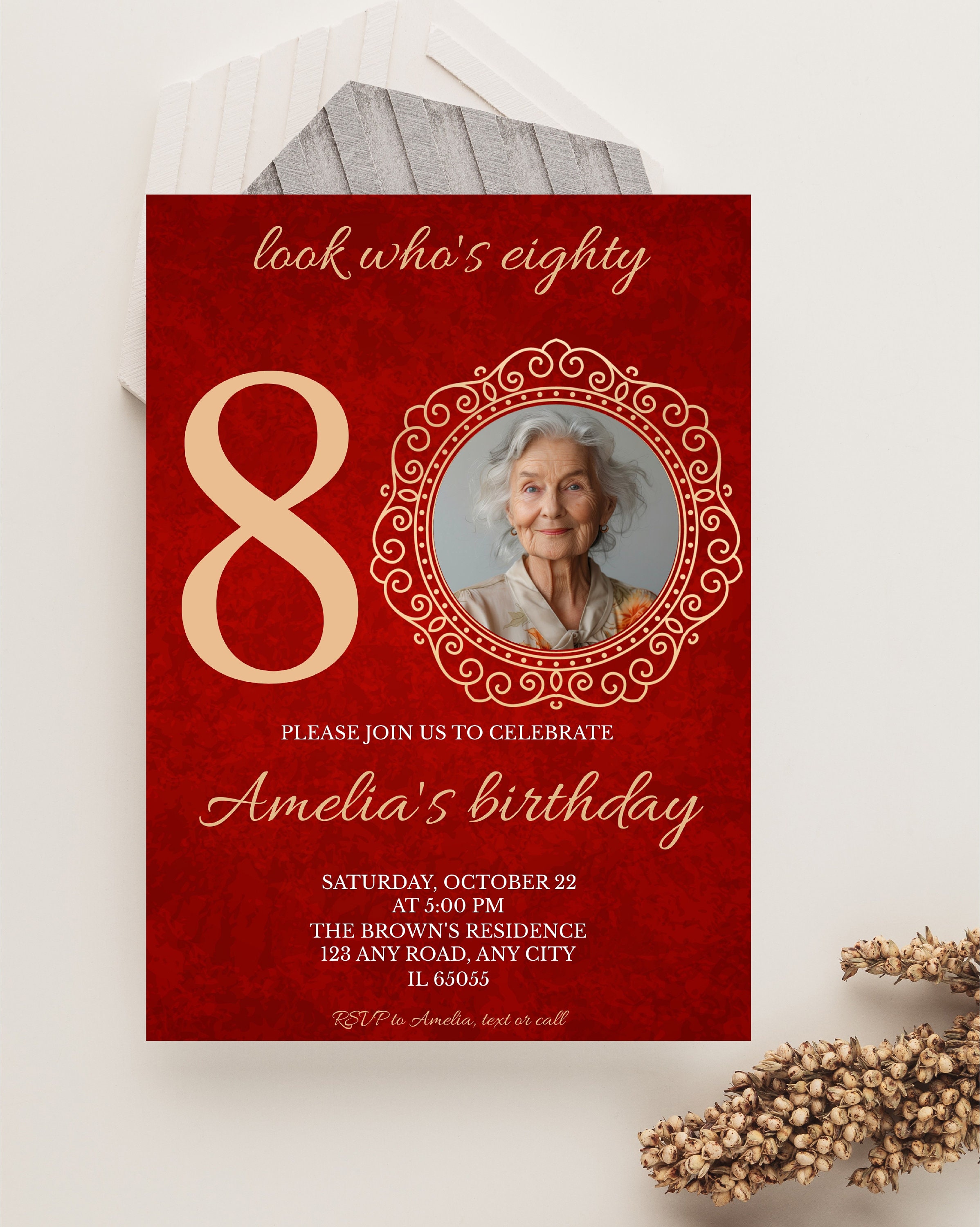 Red Velvet 80th Birthday Invitation, Red Gold 80th Birthday Invitation ...