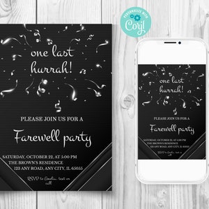 Invitation à une fête d'adieu un dernier hourra, Invitation confettis, nous déménageons, Invitation à une fête d'adieu noire, Invitation à une fête de départ