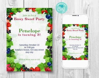 May include: A colorful birthday party invitation with a berry theme. The invitation features a border of strawberries, blueberries, and blackberries. The text reads "Join us for a Berry Sweet Party Penelope is turning 3! Saturday, October 22 At 5:00 pm Amelia's house, 125 any street Any city RSVP to Mom, text or call".