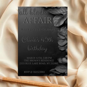 Editable all black birthday invitation, Black affair theme party invite, Black tie birthday invitation, All black formal party invitation