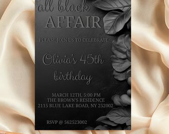 Editable all black birthday invitation, Black affair theme party invite, Black tie birthday invitation, All black formal party invitation