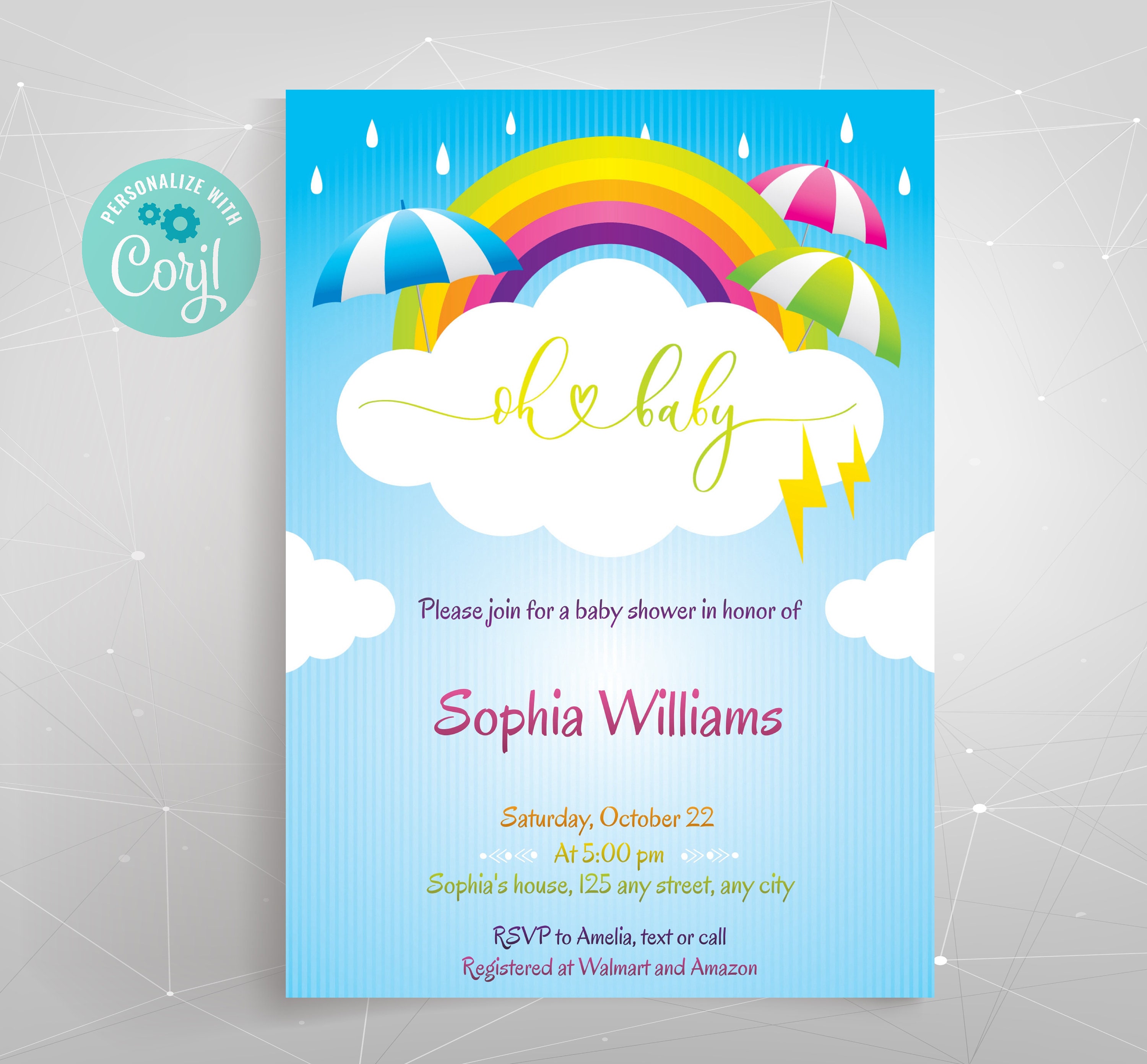 Editable Rainbow Rain Baby Shower Invitation, Umbrella Baby Shower