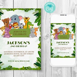 Bewerkbare Safari Dieren Verjaardagsfeestje Uitnodiging, Elektronische Cartoon Dieren Verjaardagsuitnodiging, Dierentuin Dieren Uitnodiging, Aangepaste kaart