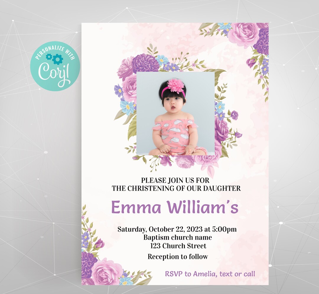 Editable Printable Baptism Flowers With Photo Invitation, Electronic