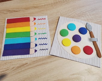 Quiet book page sewing tutorial. pencils and paint palette. PDFs and templates