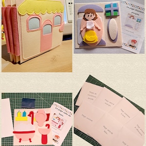 Op de afbeelding: Een viltboek met verschillende pagina's voor een poppenhuis, een badkamer, een keuken, een eetkamer en een slaapkamer. Elke pagina heeft een andere kleur en toont een andere kamer met uitsnijdingen die kunnen worden verplaatst.