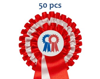 50 stuks - Gepersonaliseerde Triple Rosette 1-5. Het beste voor evenementen, feesten en als prijs of prijs. Vastgemaakt met een veiligheidsspeld.