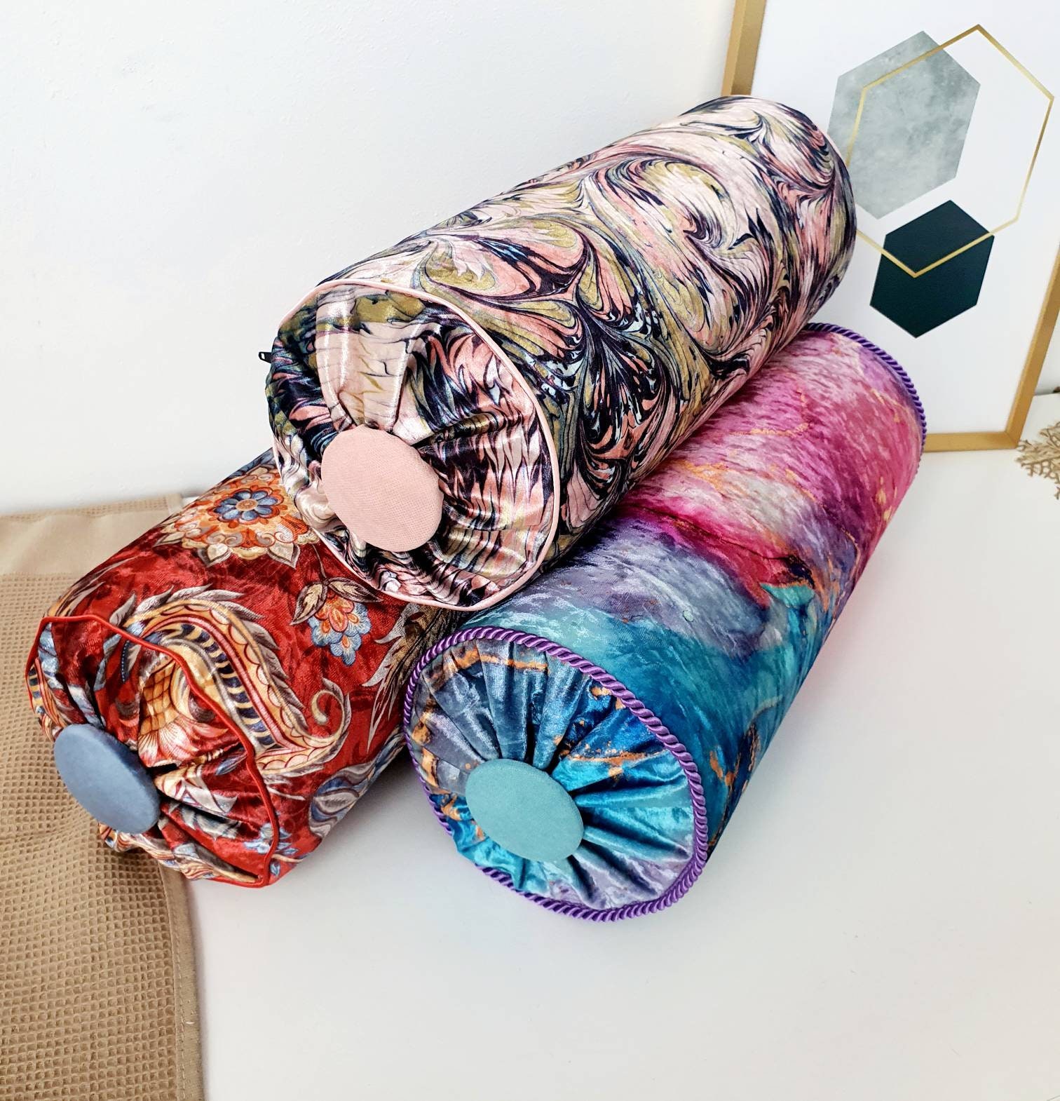 Decorative Bolster Pillow, Pink Pipping, High Quality Floral Velvet