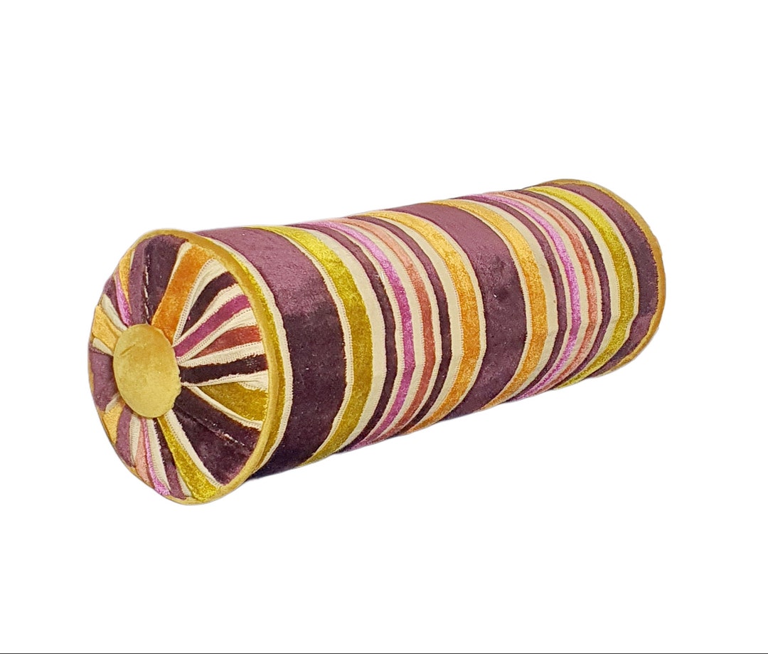 Decorative Bolster Pillow, Purple Gold Violet Velvet, Neck Roll Pillow