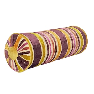 Decorative Bolster Pillow, Purple Gold Violet Velvet, Neck roll Pillow, Throw Pillow, Decorative Button, Handmade, High Quality, 6x16