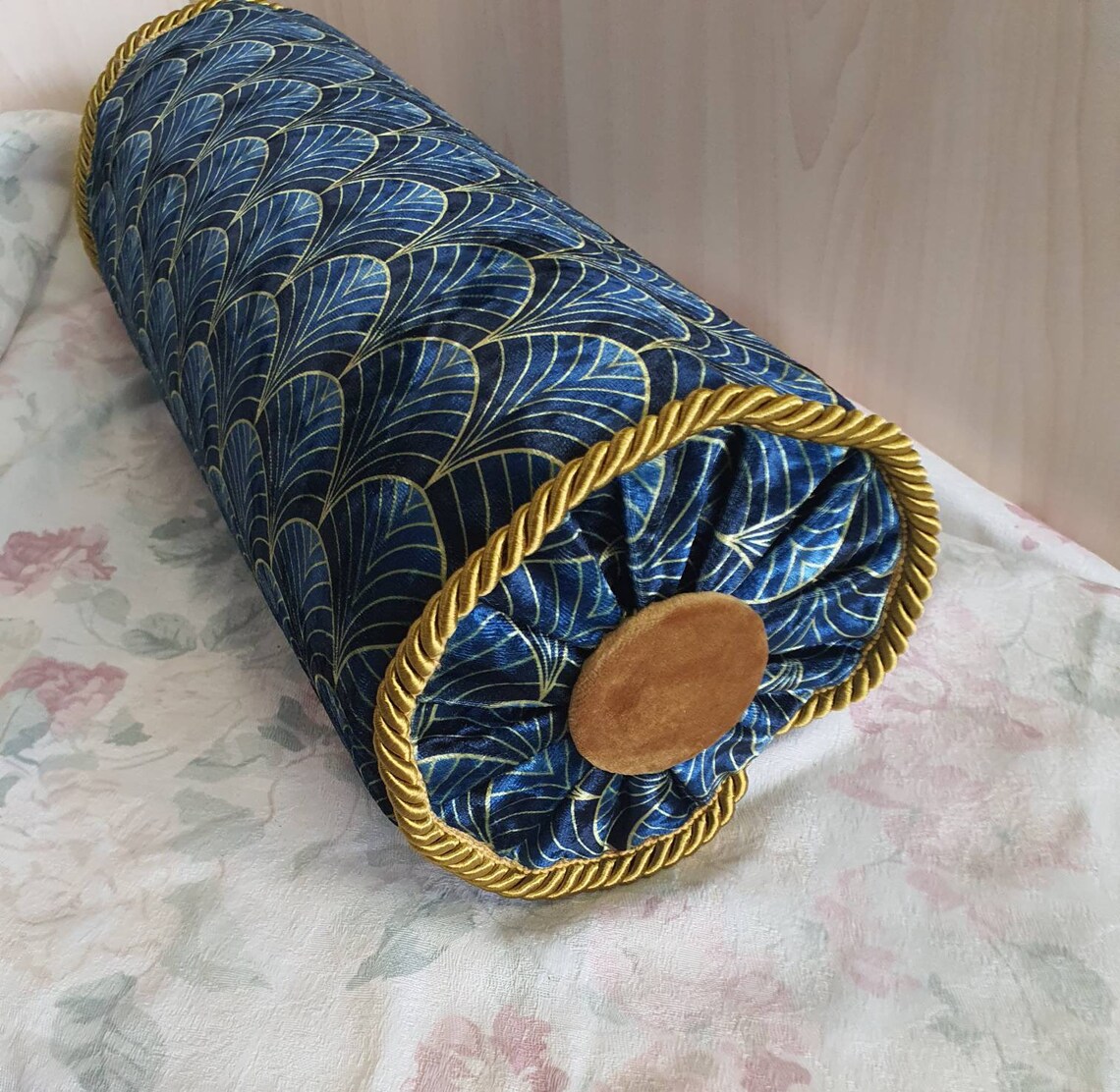 Vintage Bolster Pillow, Art Deco Blue Upholstery Velvet, Decorative