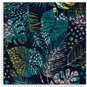 May include: Textile featuring a tropical leaf design in teal, pink, and gold on a dark navy backdrop. The pattern includes large monstera leaves, palm fronds, and dotted accents, creating a vibrant botanical print.