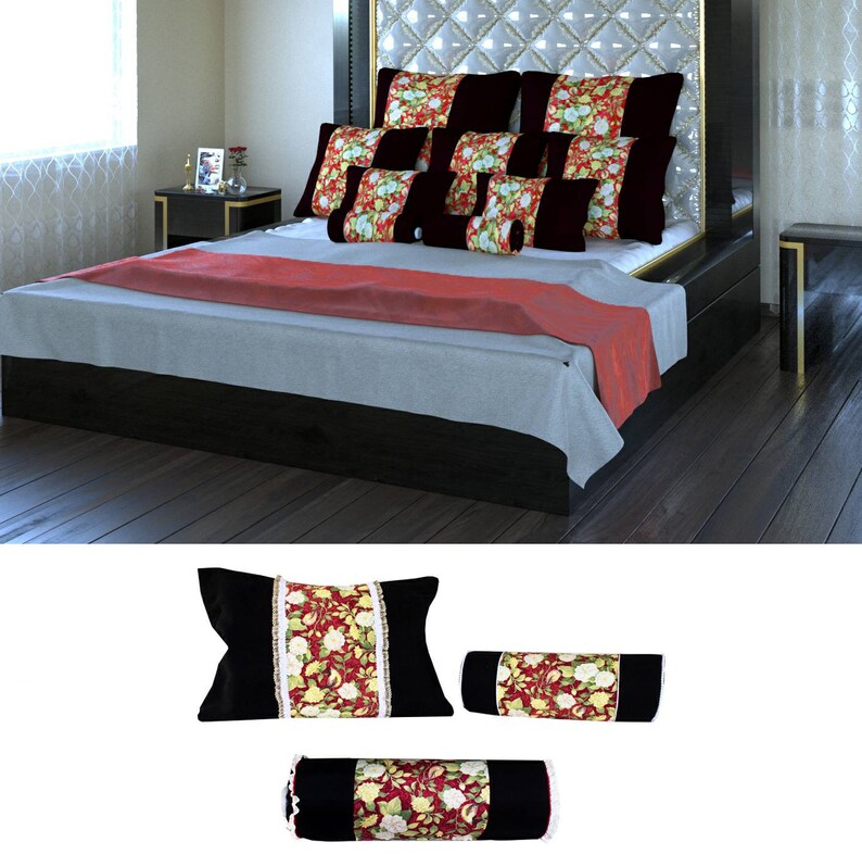 Decorative Bolster Pillows Black Velvet Floral Cotton White Etsy