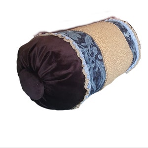 Vintage Style Bolster Pillow, Brawn Floral Cotton, Neck Roll Pillow, Lace Pipping, Shabby Chic pillow Throw Pillow, Decorative Button, 7x18&quot;