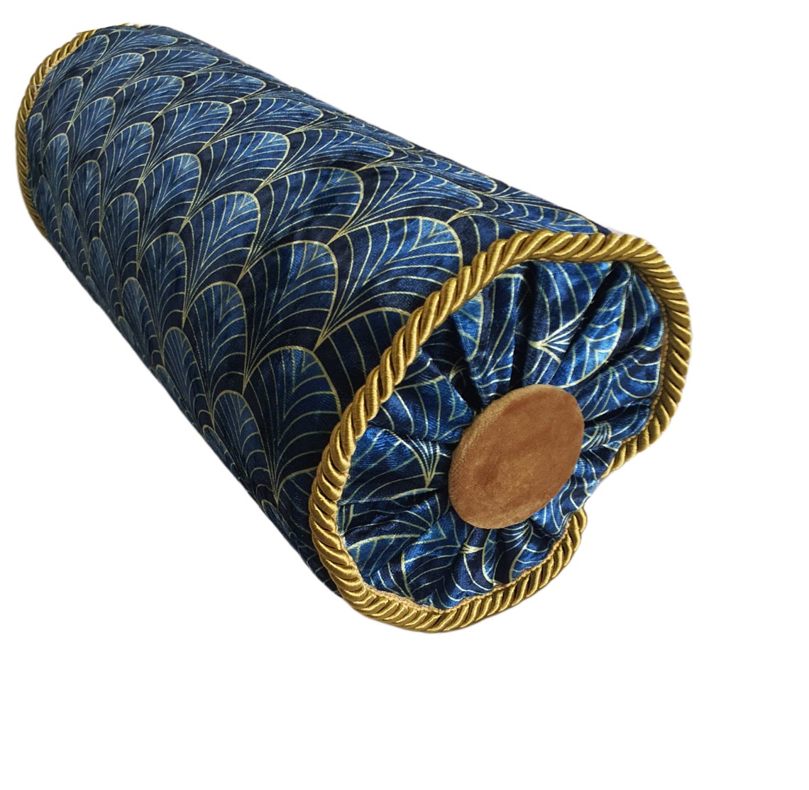 Vintage Bolster Pillow, Art Deco Blue Upholstery Velvet, Decorative Button, Classic Pillow, Neck