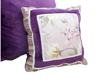 Decorative Pillow, Floral Cotton, High Quality Purple Velvet, Ruffle Pillow, Classic, Shabby chic, Throw pillows, 18x18 in