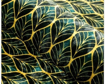 Upholstery Crush Velvet Green Gold Art Deco Leaves Suitable For Curtain Drapes Bedspreads Pillows Excellent Quality, width 56&quot; by the yard