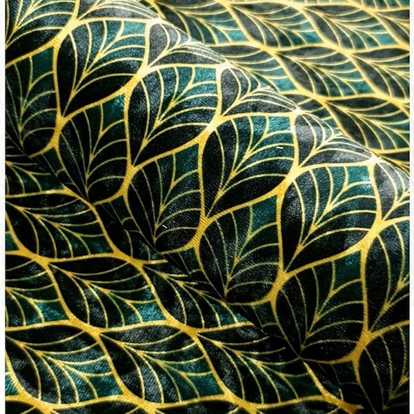 Upholstery Crush Velvet Green Gold Art Deco Leaves Suitable For Curtain Drapes Bedspreads Pillows Excellent Quality, width 56" by the yard