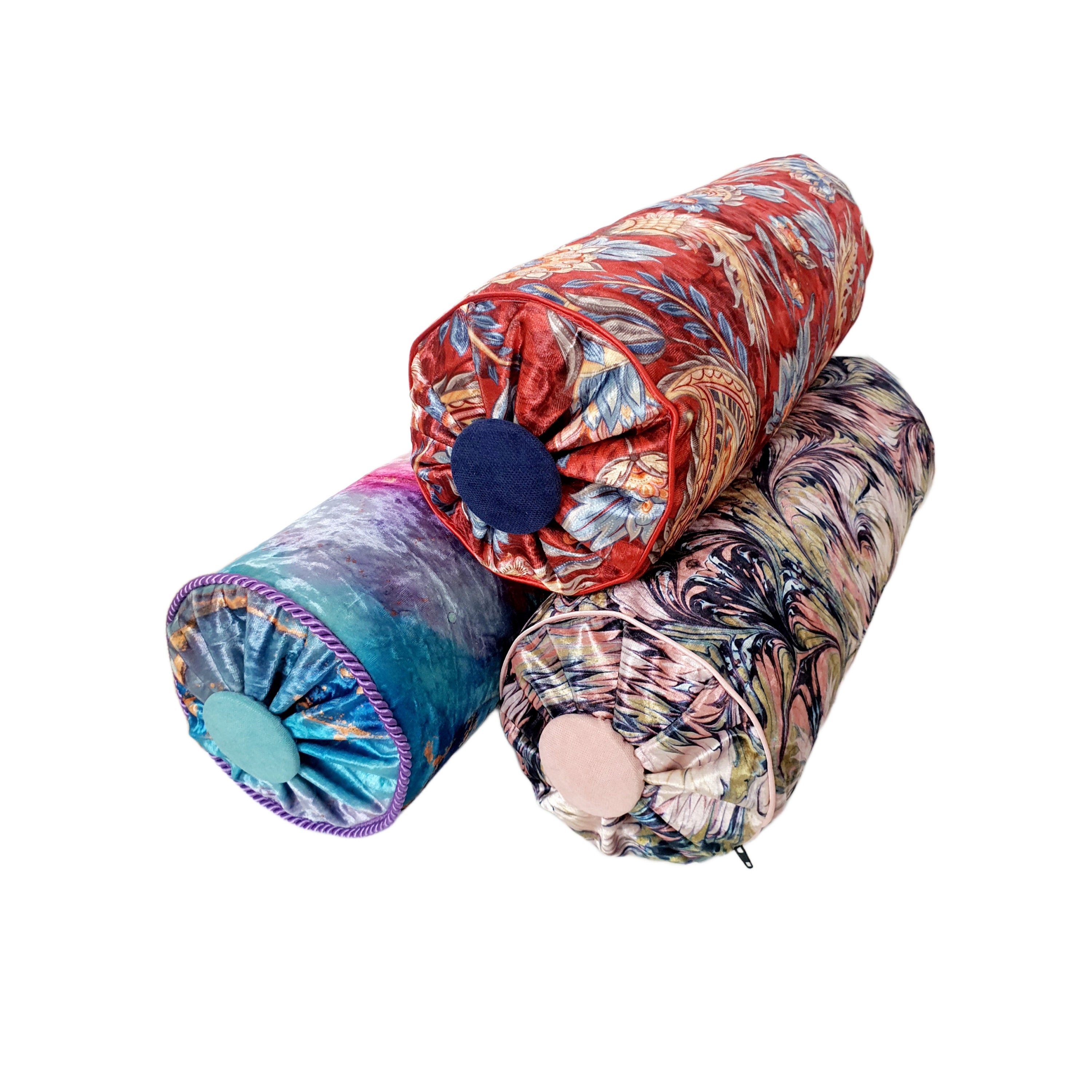 Decorative Bolster Pillow, Gold Pipping, High Quality Floral Velvet