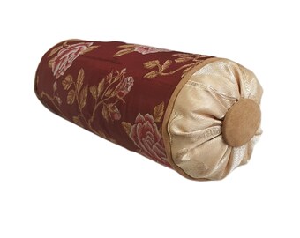 Vintage Style Bolster Pillow, Gold Floral Jacquard, Neck Roll Pillow, Pipping, Shabby Chic pillow Throw Pillow, Decorative Button, 7x18"