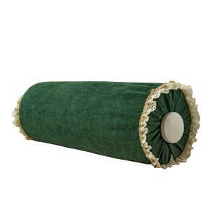 Decorative Velvet Bolster Pillow, Green Velvet, Pipping Cotton Lace, Decorative Button, High Quality, Handmade