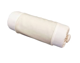 May include: A white cylindrical pillow with a white fabric cover and a white drawstring closure.