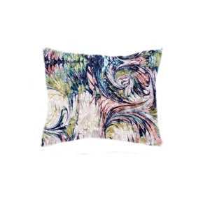 May include: A decorative throw pillow with a swirling pattern in shades of pink, green, blue, and white.