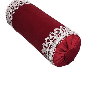 Decorative Bolster Pillow, Pipping, High Quality Red Velvet, Decorative Button, Shabby chic, Neck Roll Rillow, 6x16&quot;