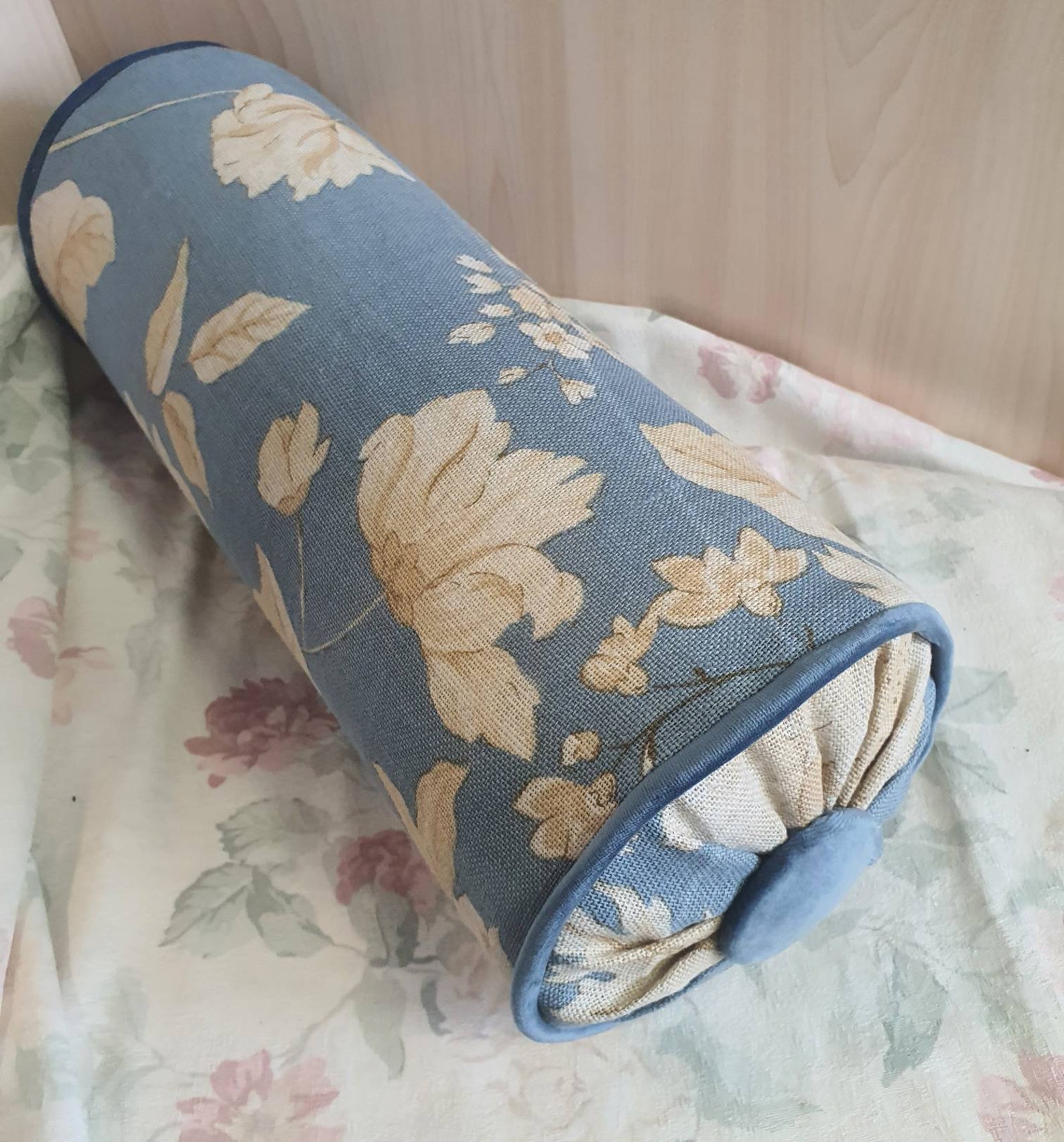 Vintage Bolster Pillows Blue Velvet Floral Jacquard Blue Etsy