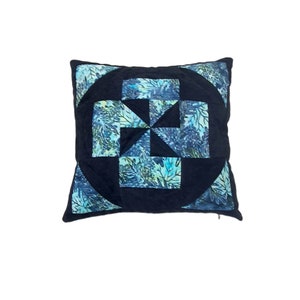 Blue Batic Pillow, Black Velvet, Patchwork Pillow, Quilted Pillow Accent pillow, Throw pillows, Back Black Velvet, High Quality, 20x20 inch
