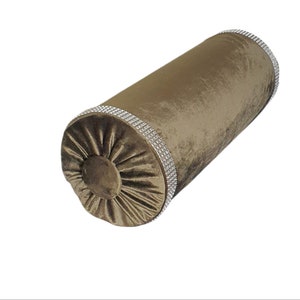 Almohada de refuerzo decorativa, terciopelo marrón de alta calidad, almohada única con ribetes plateados, botón decorativo, almohada para el cuello, almohadas de tiro, 6x16&#39;