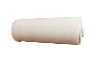 May include: A white cylindrical pillow with a white fabric cover. The pillow is rolled up and tied with a white string.