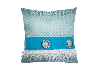 Decorative Pillow, Blue Jacquard, White Lace,Throw Pillows, Accent Pillows, 18x18 inch, 45x45cm