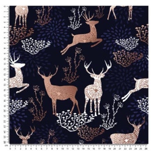 May include: A seamless pattern featuring stylised deer silhouettes in rose gold and white on a dark blue background. The deer have intricate mandala designs and are surrounded by delicate floral motifs.