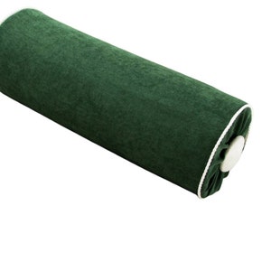 Decorative Bolster Pillow, Green Bottle Velvet, Neck roll pillow, High Quality, Decorative Button, Throw pillow, White Pipping, 6x16 inch