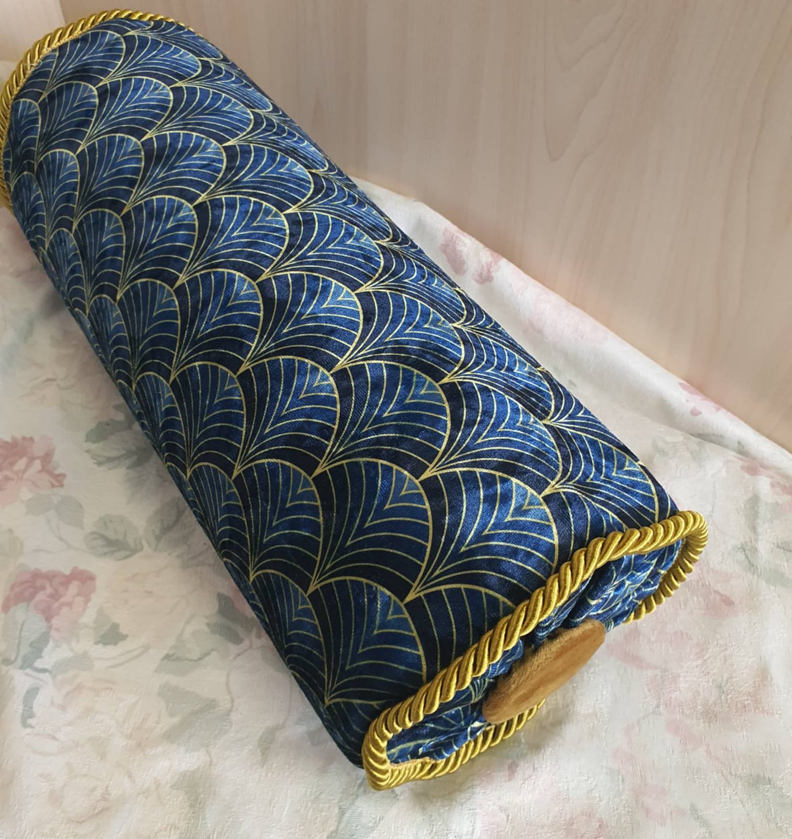 Vintage Bolster Pillow, Art Deco Blue Upholstery Velvet, Decorative Button, Classic Pillow, Neck